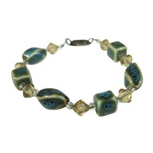 Handcrafted Ceramic Faceted Plastic Beaded Bracelet Sterling Silver Clasp 7 in